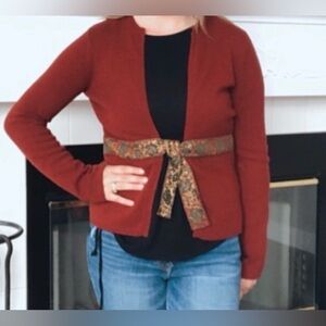 SLEEPING ON SNOW M VTG Hong Kong Lambswool Artsy Rust Cardigan Floral Ribbon Tie